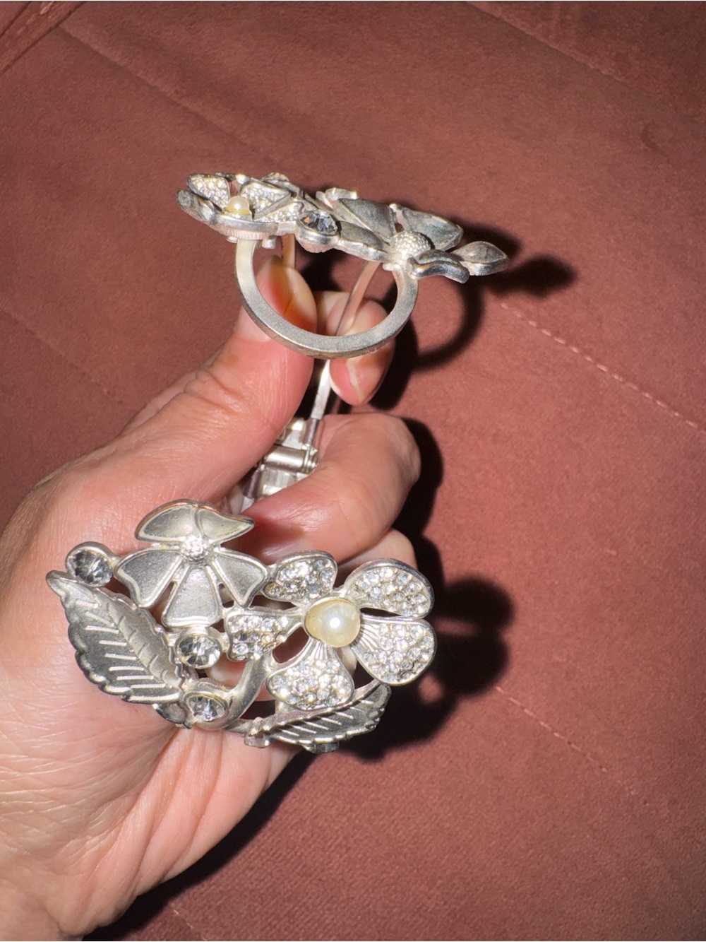 Silver Tone Floral Rhinestone Faux Pearl Hinged Cuff Bracelet - Picture 4 of 4